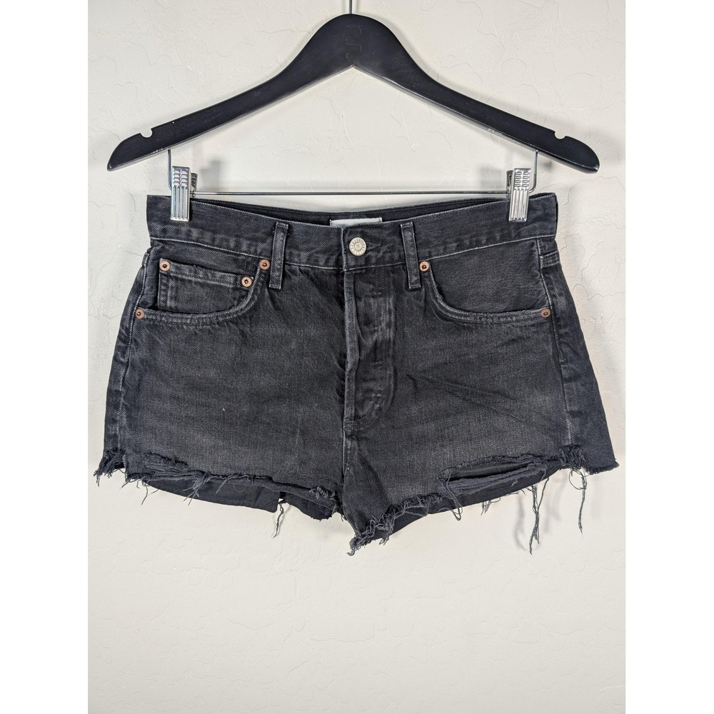 AGOLDE Shorts Womens 26 Black Parker Exposed Pockets Denim High Rise Cutoff - Picture 2 of 13